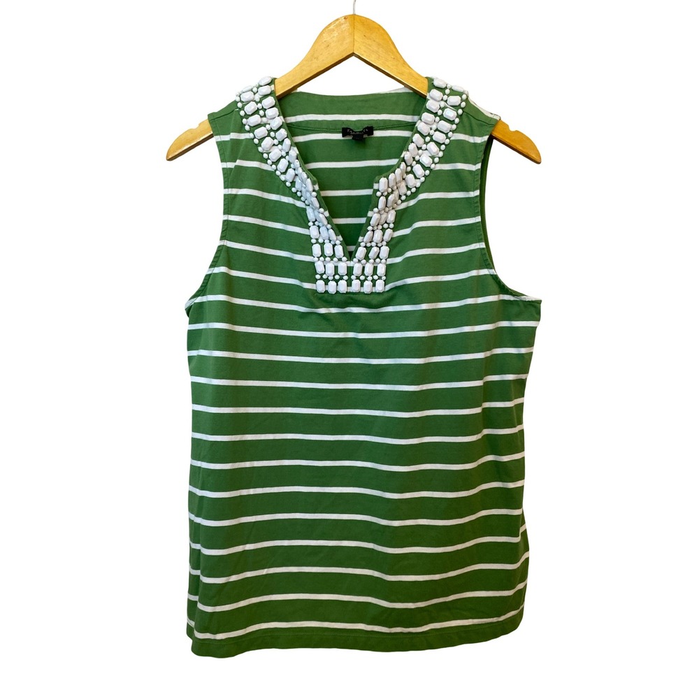 Talbots Womens XL Green White Striped Beaded Sleeveless Knit Top Elevated Casual